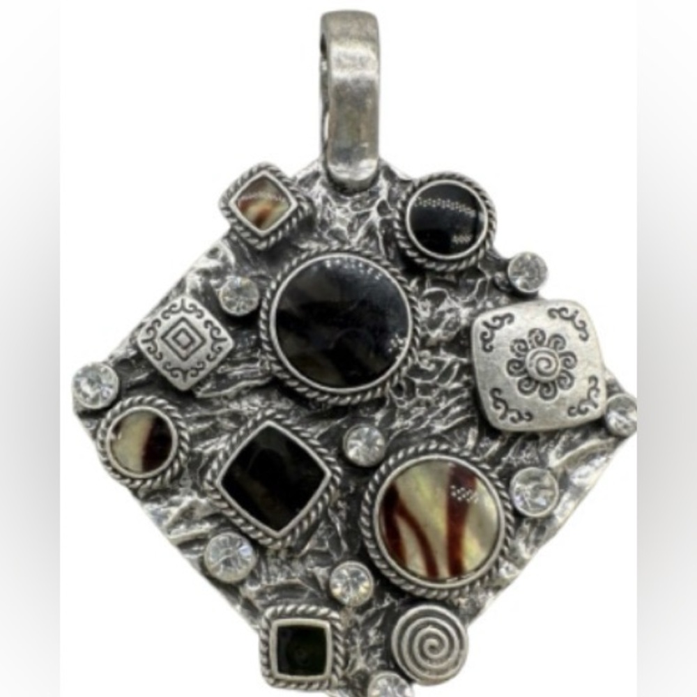PREMIER DESIGNS JEWELRY Pendant Silvertone Modern Abstract Tigers Eye Crystals